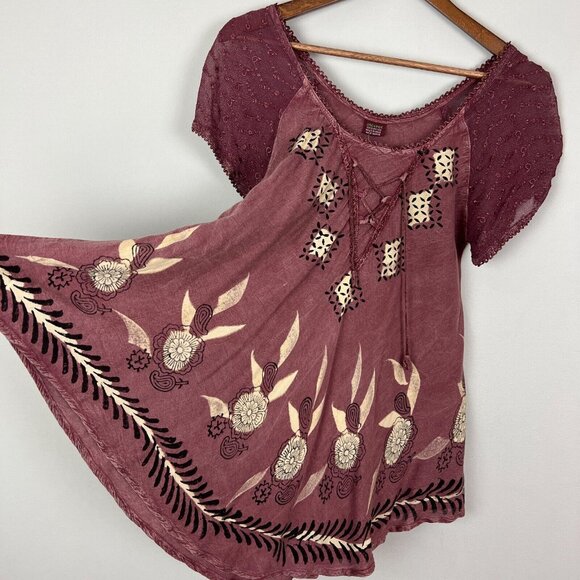 Jackpot Tunic Top Womens OS One Size Fits Most Embroidered Lace Up Sheer Floral - Picture 5 of 14